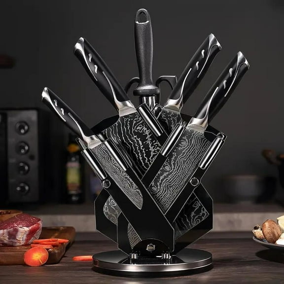 6-piece Damascus stainless steel kitchen knife set and universal knife holder - including chef knife, fruit knife, safety knife, sharpener, , and universal knife holder