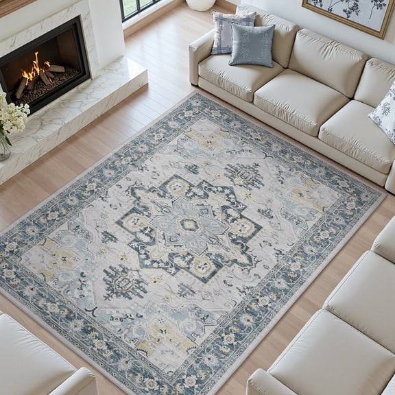 SIXHOME 4'x6' Area Rugs for Living Room Washable Traditional Distressed Carpet Non Slip Soft Retro Floral Indoor Throw Rug for Bedroom Dinning Room Vintage Blue