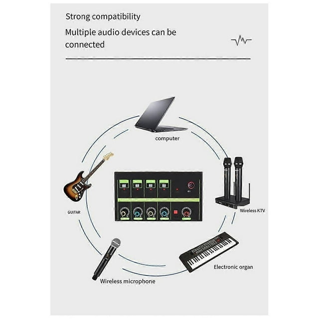 Portable 4-Way Audio Mixer, 4-in and 1-Out Stereo Mixer, Small DJ Mixer