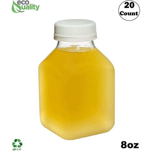 [20 PACK] 8 OZ Clear Square Plastic Juice Bottles with Tamper Evident