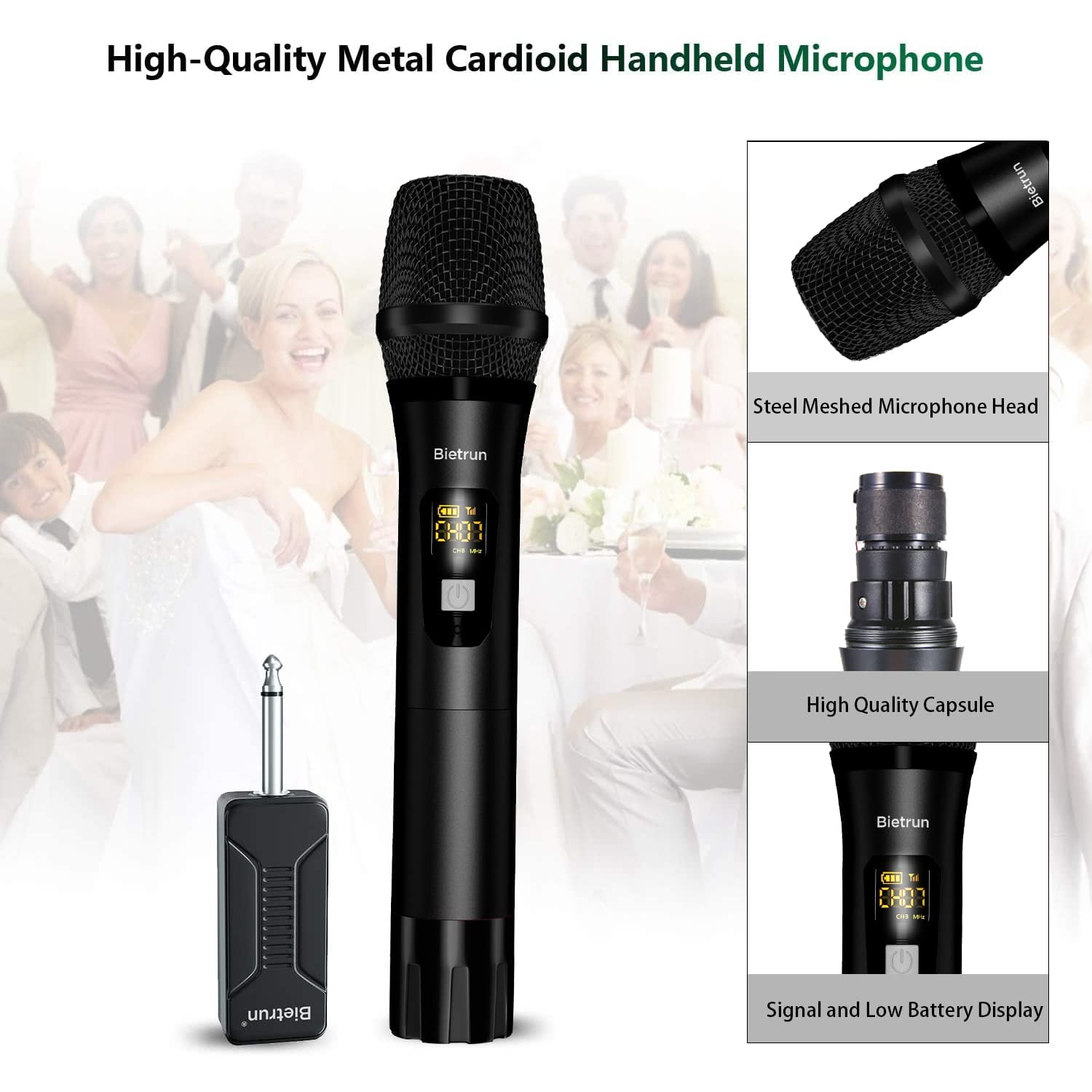 Bietrun Wireless Microphone Only for Mic Input, UHF Metal Dynamic Handheld Multipurpose Mic with Rechargeable Receiver (Work 4hs), 160ft Range, for Karaoke Machine, Amplifier Speaker, Mixer, Church