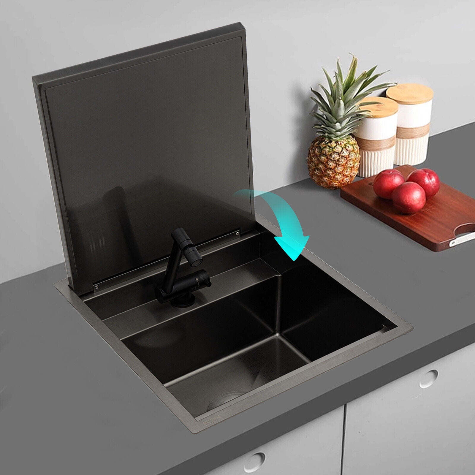 Hidden Kitchen Sink Single Bowl Sink with Foldable Faucet Stainless Steel Utility Sink