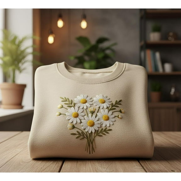 Custom Daisy Flower Embroidered Sweatshirt, Minimalist Floral Cream Crewneck, Cozy Spring and Summer Embroidery Gift