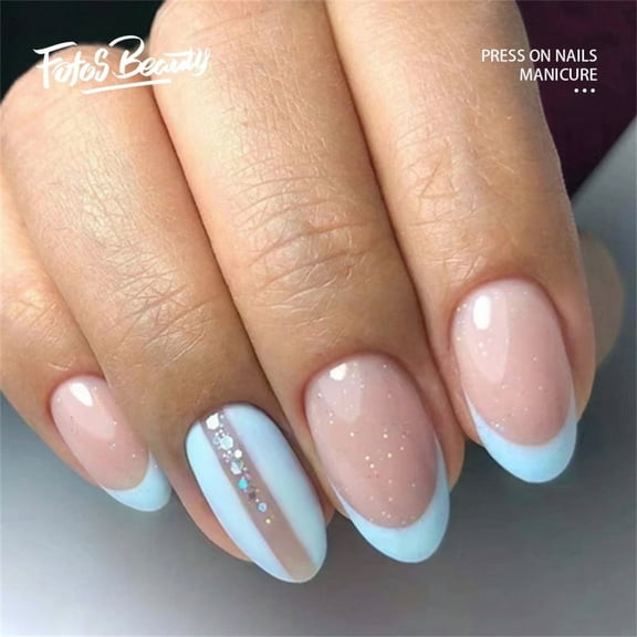Fofosbeauty 24pcs Press on False Nails, Almond Fake Acrylic Nails,Lovely and Fresh Minimalism Light Blue
