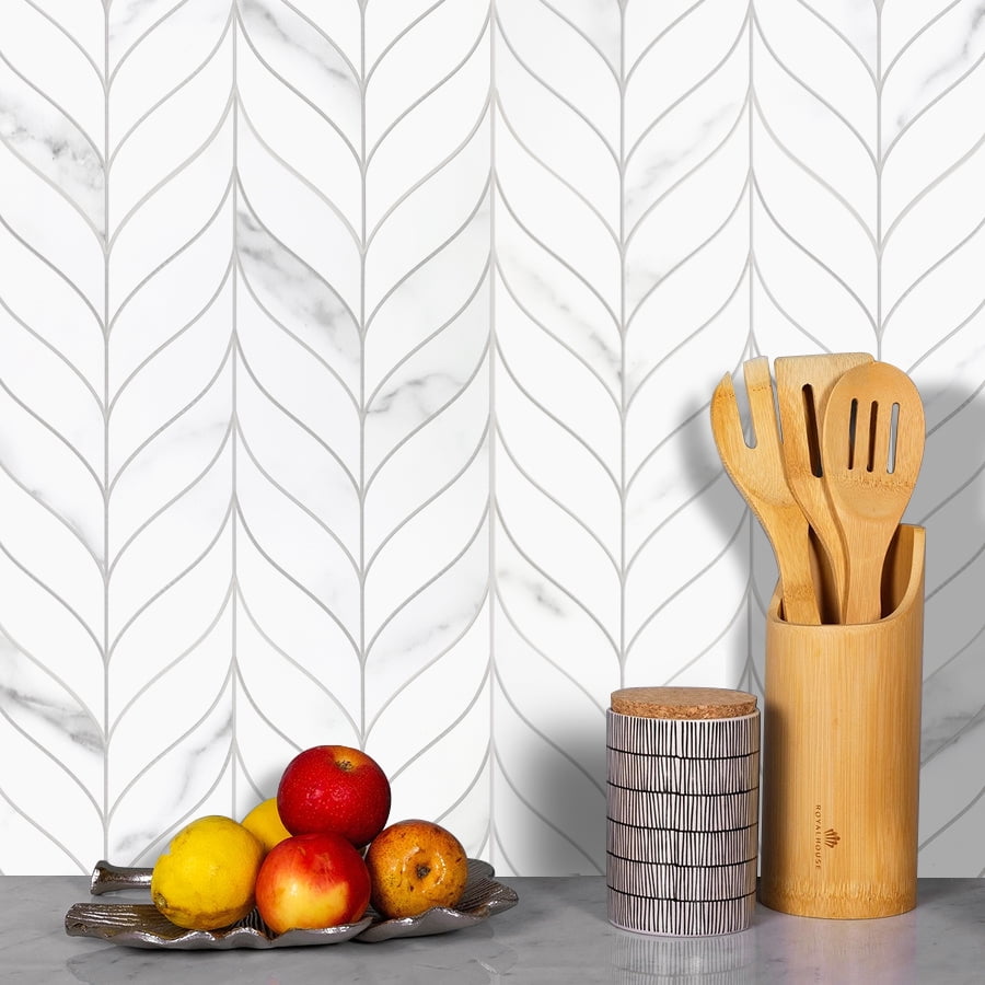SUNWINGS 10-Sheet Peel and Stick Leaf Waterjet Backsplash Self Adhesive Tiles White Marble Wall Panels Stick on Backsplash for Kitchen, Bathroom, Fireplace