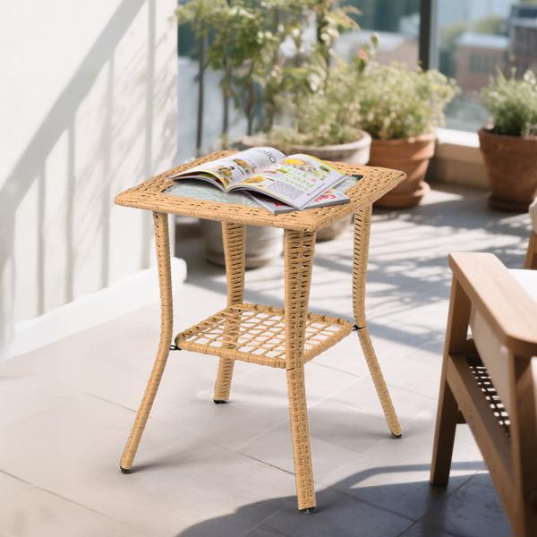 Outdoor Wicker Side Table, 2-Tier Design with Water Ripple Tempered Glass Top, Indoor/Outdoor Use for Garden, Porch, Balcony, Living Room
