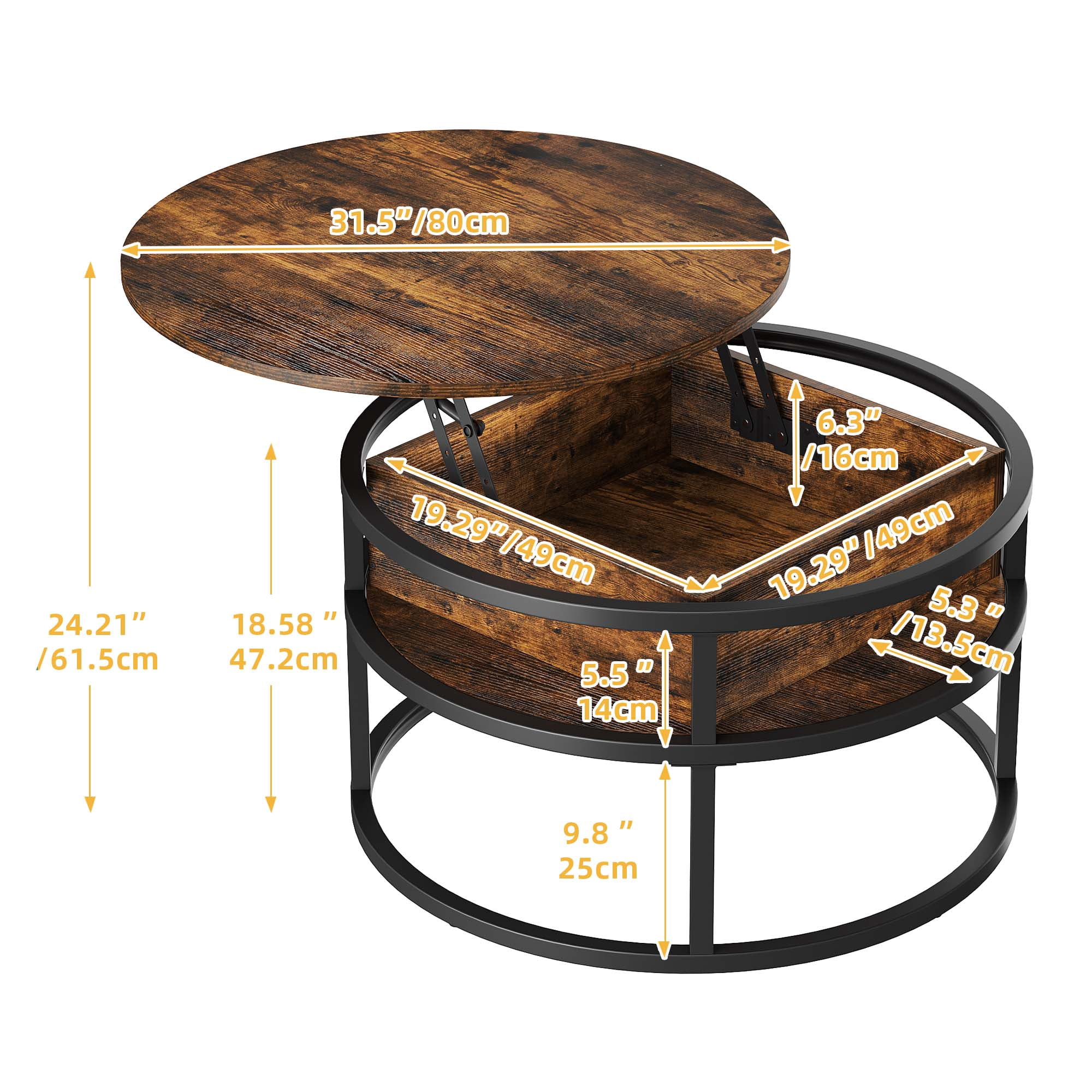 Dextrus Round Lift Top Coffee Table, Center Tables with Hidden Storage Compartment for Living Room/Home Office, Brown