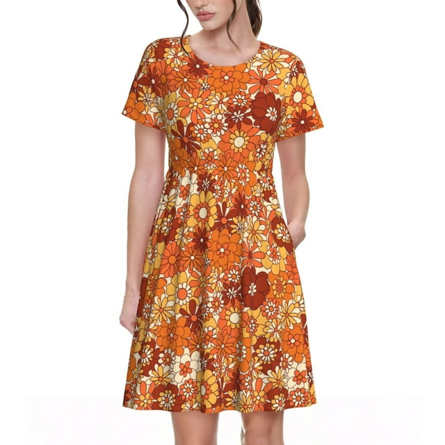 Fotbe Hippie Flower Vestido Largo de Moda para Mujer, Vestido Tipo Camiseta con Manga Corta y Estilo Casual a Rayas y Bloques de Color