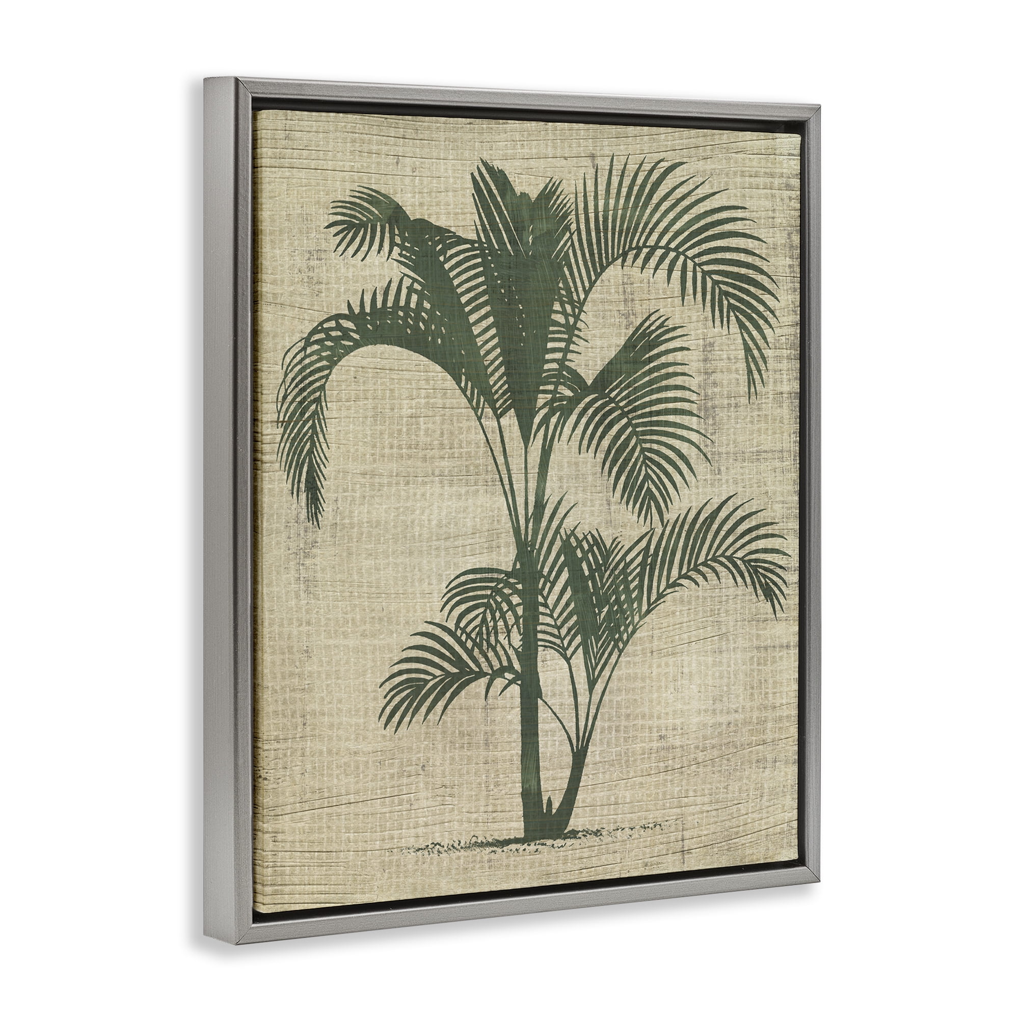 Stupell Industries Palm on Woven Pattern Plants & Flowers Painting Gray Floater Framed Canvas Art Print Wall Art, 25 x 31