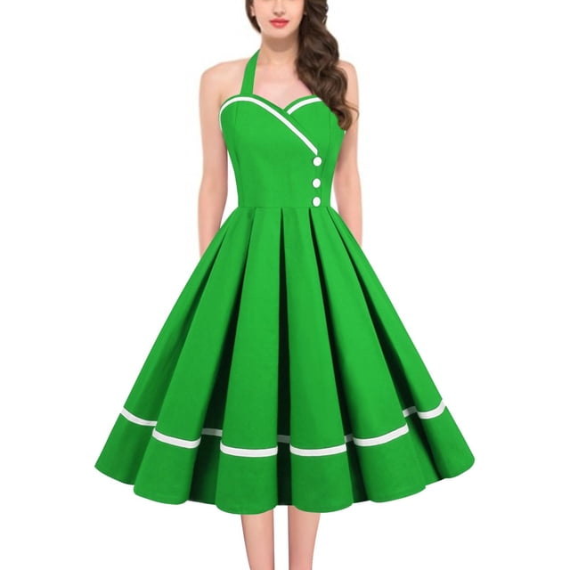 Gibobby Vestido casual de punto para mujer Falda de vestir de los años 50 con cintura grande de recepción de patchwork vintage(Verde,XXL)