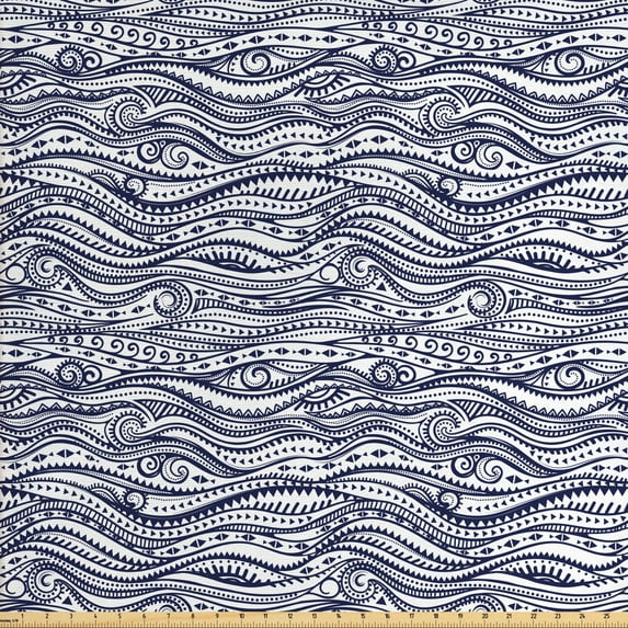 Tribal Fabric by the Yard, Vintage with Wavy Curved Lines and Little Triangles Folk Prehistoric Print, Decorative Upholstery Fabric for Chairs & Home Accents, Dark Blue White by Ambesonne
