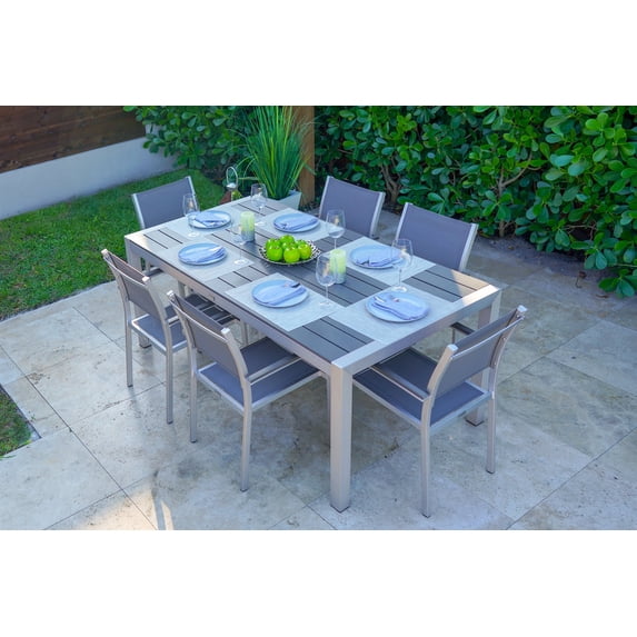 Belvedere 7-Piece Brushed Aluminum Outdoor Patio Furniture Dining Table Set w/ Dining Table and Six Chairs