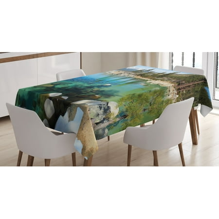 California Place - Lake Tahoe Tablecloth, Scenic American Places Mountains with Snow Rocks in the Lake California Summer, Rectangular Table Cover for Dining Room Kitchen, 60 X 84 Inches, Multicolor, by Ambesonne