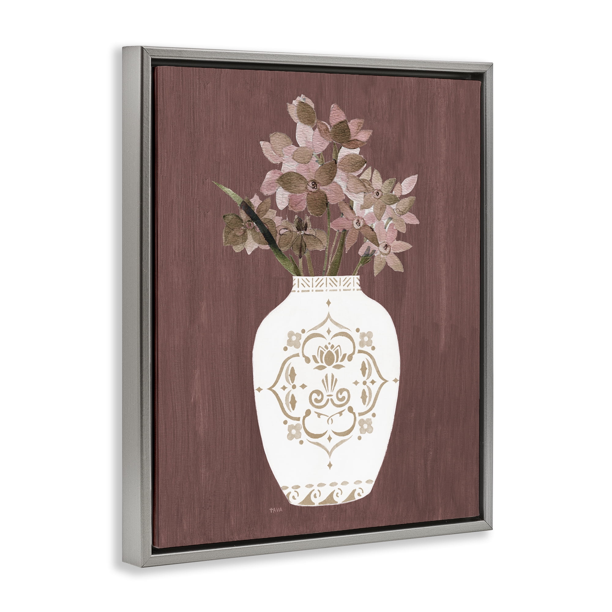 Stupell Industries Ornate Boho Vase Plants & Flowers Painting Gray Floater Framed Canvas Art Print Wall Art, 25 x 31