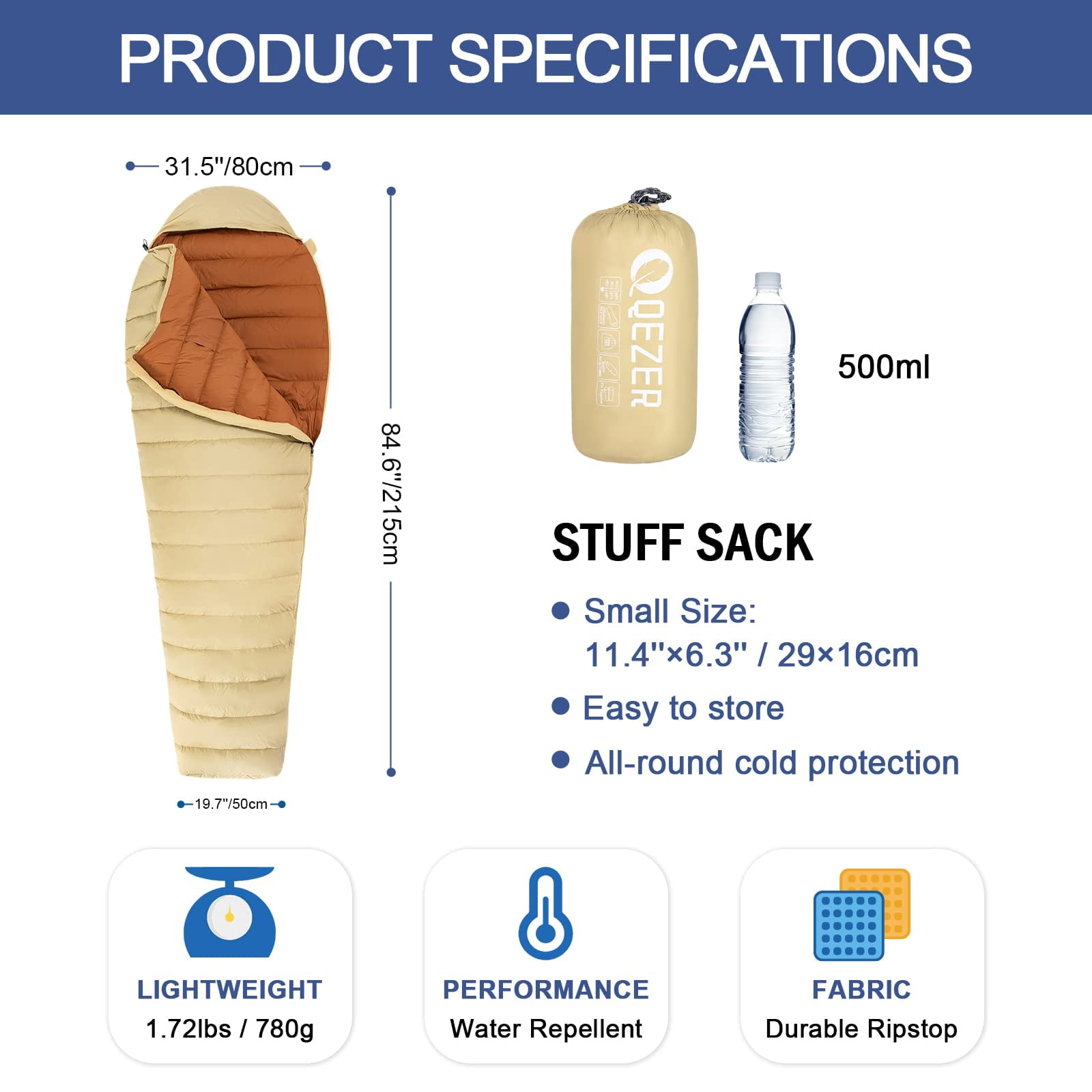 QEZER Ultralight Down Sleeping Bag for Adults with 600 Fill Power, Compact Sleeping Bag with Compression Sack for Backpacking, Hiking and Camping