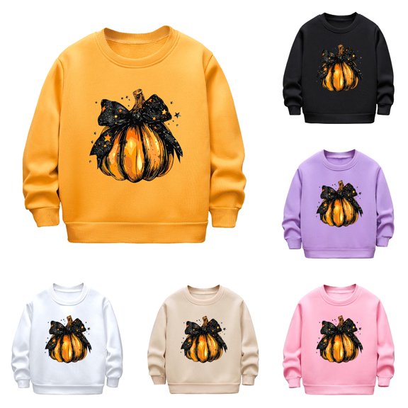Oiyii Big Girl's Festive Graphic Sweatshirt Crew Neck Long Sleeve Halloween Pumpkin Bow Print Pullover Sweatshirts Holiday Kids Tops,Yellow