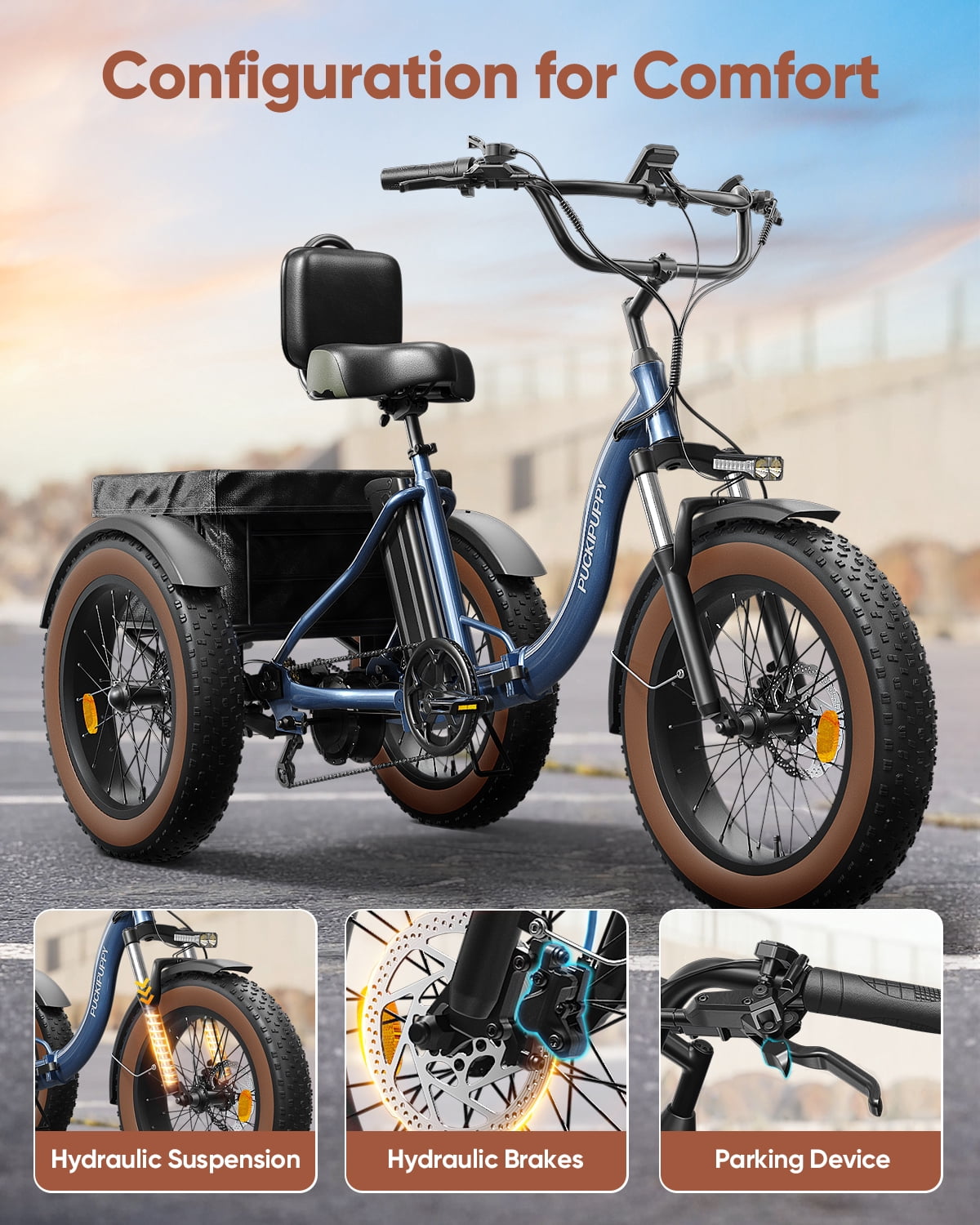 PUCKIPUPPY Electric Tricycle for Adults 960W Rear Motor 55Miles Range 20mph Max Speed 20" Fat Tire Electric Trike 3 Wheel Electric Bike 48V 15AH Battery E-Mountain Bike, Comply with UL2849 By SGS