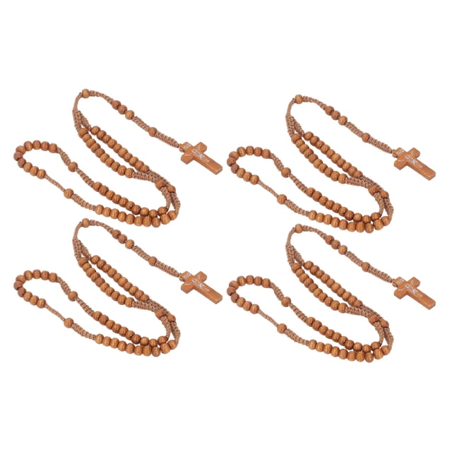 10 piezas de rosario de madera con impresión de Jesús, estilo católico unisex, cruz de cuentas de madera natural, collar de rosario, joyería para hombres y mujeres, marrón claro