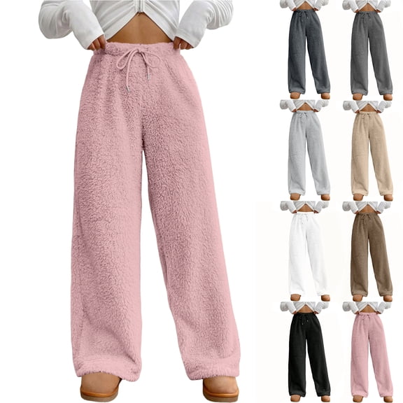 Women's Fuzzy Lounge Pants Comfy Warm Fleece Pajama Long Pants Drawstring Elastic Waist Wide Leg Bottoms Black M