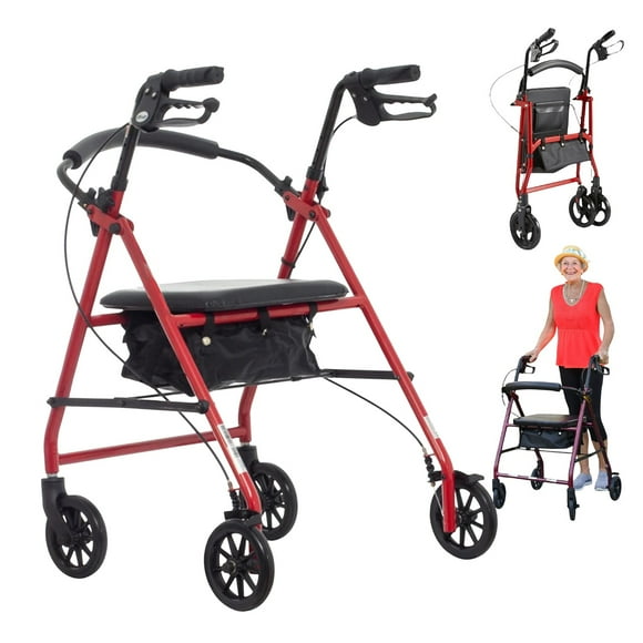 Andadera Rollator para Adultos Mayores Plegable con Asiento y Bolsa, Altura Ajustable, Ruedas de 7.5", Soporta 110 Kg (Color Rojo)
