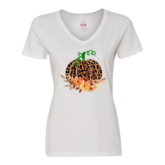Inktastic Cheetah Print Pretty Pumpkin with Fall Leaves Women's V-Neck T-Shirt