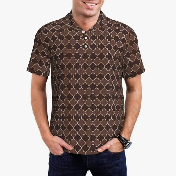 Qokaie Brown Gold Grid Drawing Men’s Polo Shirts – Premium Pique Breathable Classic Polo Shirt – Stylish Short Sleeve Polo with 3-Button Placket-Small