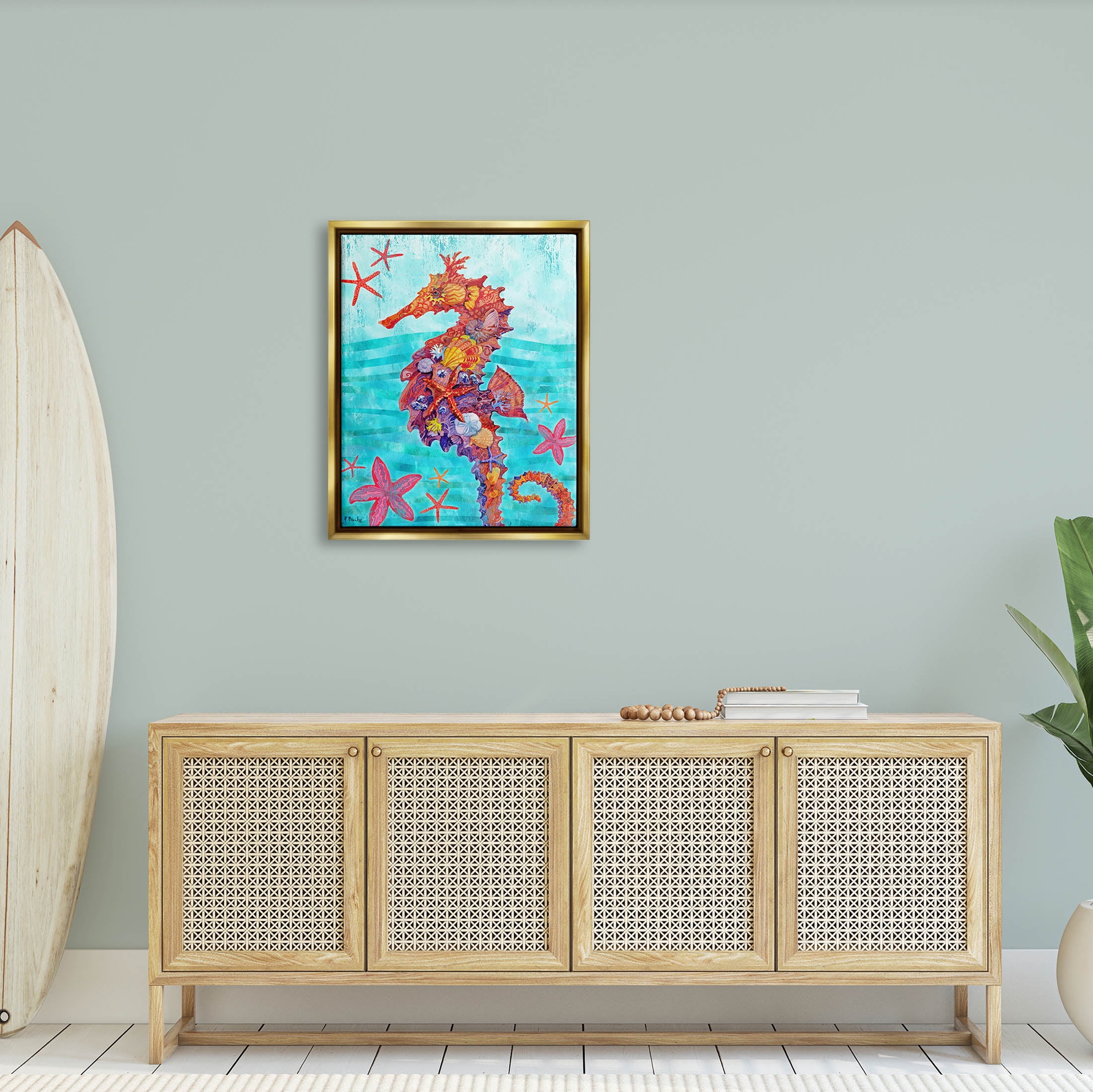 Stupell Industries Nassau Seahorse Aquatic Shell Collage Graphic Art Metallic Gold Floating Framed Canvas Print Wall Art, Design by Paul Brent