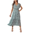 thumbnail image 1 of Robe à Manches Courtes pour Femmes Robes pour Femmes à Manches Courtes Col en V à Volants Robe Midi à Imprimé Floral avec Ceinture, 1 of 8
