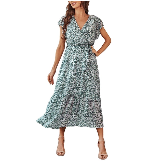 Robe à Manches Courtes pour Femmes Robes pour Femmes à Manches Courtes Col en V à Volants Robe Midi à Imprimé Floral avec Ceinture
