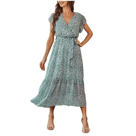 Summer Floral Dress Women Casual Short Sleeve Wrap V-neck Flowy Swing Beach Long Dress Ruffle Sundress with Belt