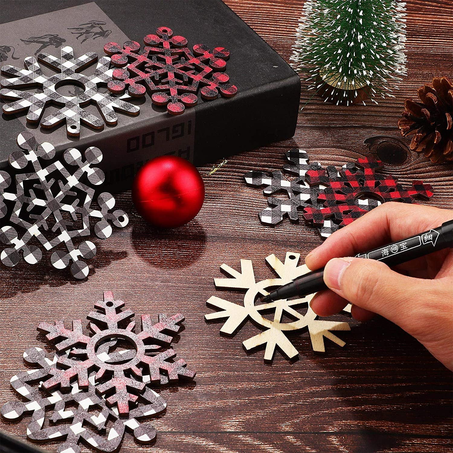 Christmas Wooden Snowflake Ornaments, 60 Pack Buffalo Plaid