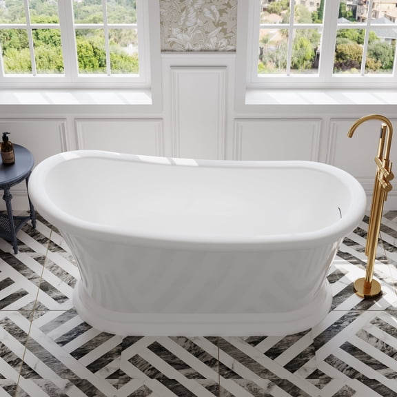 ANGELES HOME 67" Freestanding Acrylic Bathtub with Drain and Integrated Slotted Overflow, Glossy White Soaking Bath Tub with Predrilled Overflow Holes, Soaking Bath Tub