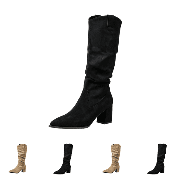 EKVAHL Women's Slouch Knee High Boots Orthopedic Faux Suede Chunky Heel Western Tall Boots, Wide Width Pointed Toe Casual Travel Party Boots Black