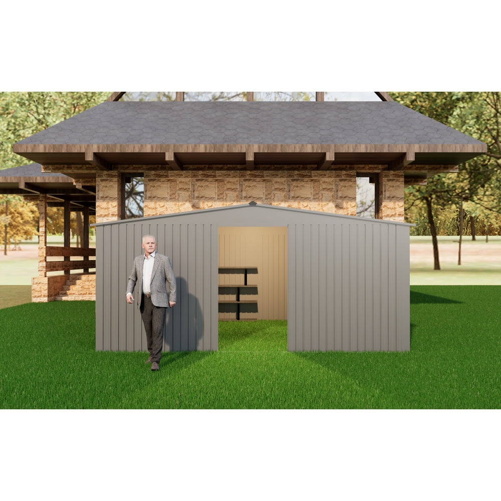 Versatile 11ft x 13ft Grey Outdoor Storage Shed – Dual Function as Metal Shed and Firewood Shed! Perfect for Organizing Tools and Storing Firewood in Style!