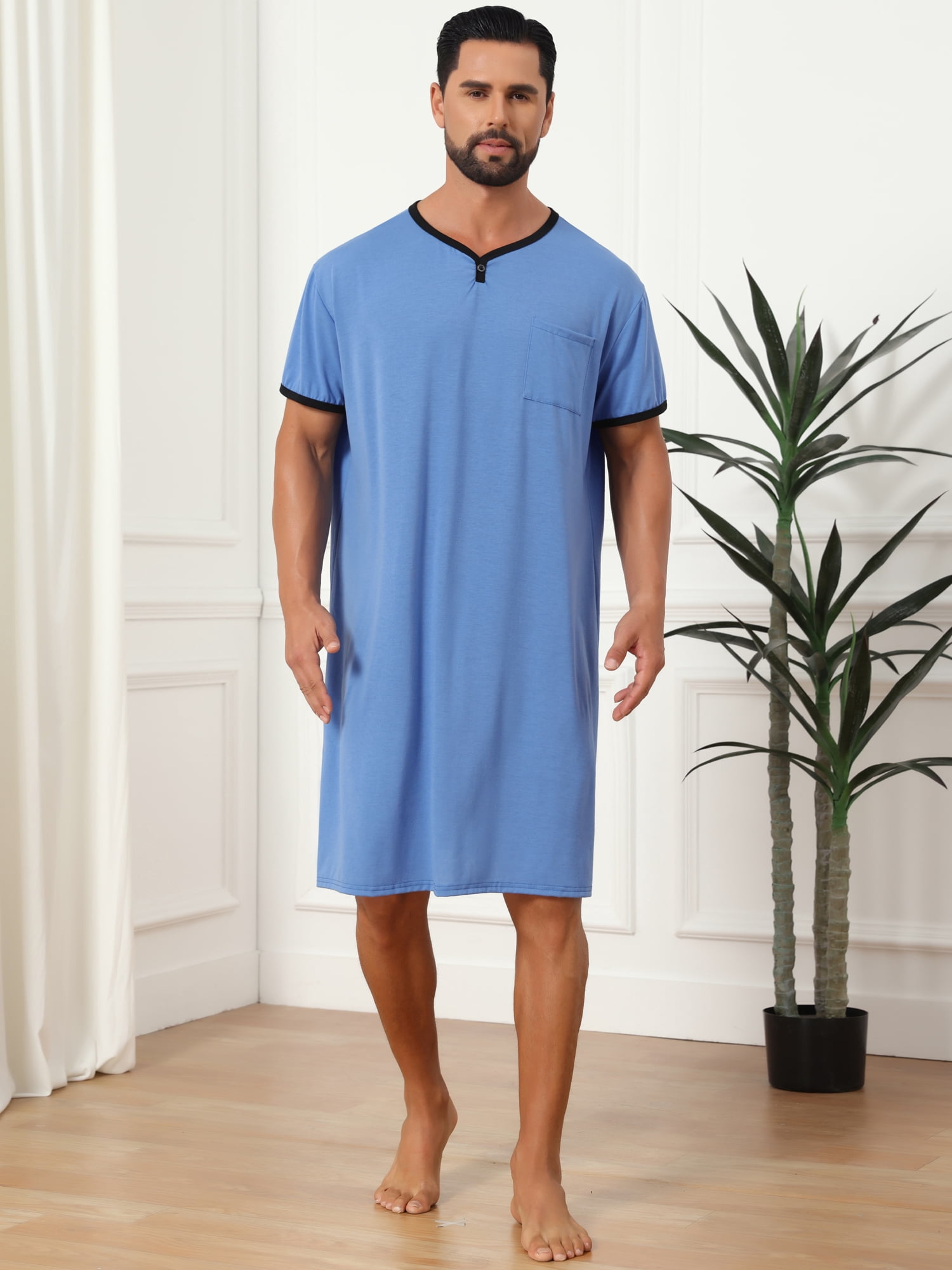 DARING DIVA Men's V-Neck Colorblock Trim Short Sleeve Chest Pocket Pajama XL Light Blue