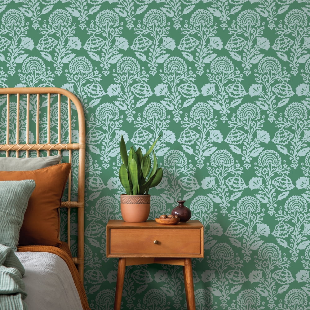 Tempaper Floral Damask Green Peel and Stick Wallpaper, 20.5" x 16.5'