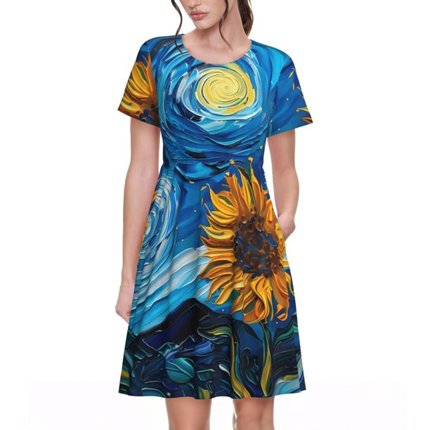 Disketp Starry Night Sunflower Field para Vestido de Manga Corta para Mujeres, Vestidos de Verano para Mujeres, Casual y Holgado para la Playa