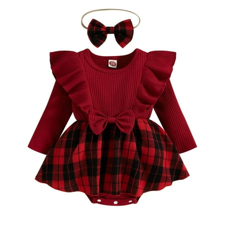

Hnyenmcko Newborn Baby Girl Christmas Clothes Infant Red Plaid Romper Dress Ruffle Long Sleeve Ribbed Bodysuit Headband Set (A-Red 6-12 Months)