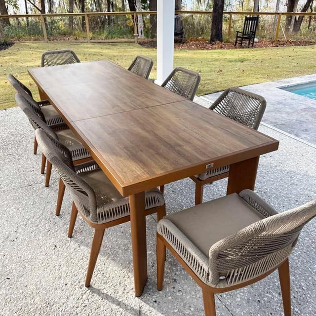 PURPLE LEAF 9 Pieces Modern Patio Dining Set, Rectangular Aluminum Outdoor Table and 8 All-Weather PE Rattan Chairs Set for Kitchen Porch and Garden, Deep Teak