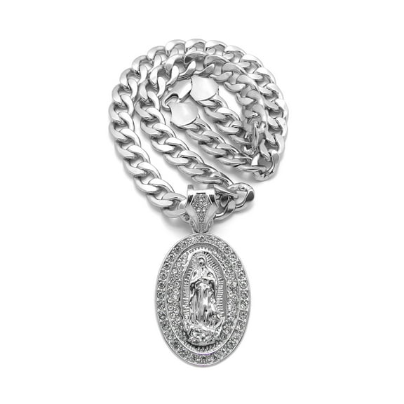iJewelry2 Silver Tone Virgin Mary Oval Pendant Clear Crystals Encrusted Cuban Chain Necklace 18''