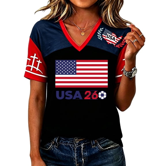 JULMCOMO Women's Summer Tops Soccer Cup 2026 V Neck Short Sleeve USA Soccer Jersey American Flag Fan Wear Football T Shirts Black 2XL