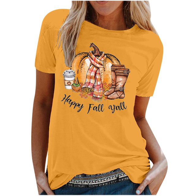 Hauts d'Été Décontractés pour Femmes, Col Rond, Imprimé Automne, Manches Courtes, Blouse T-Shirt