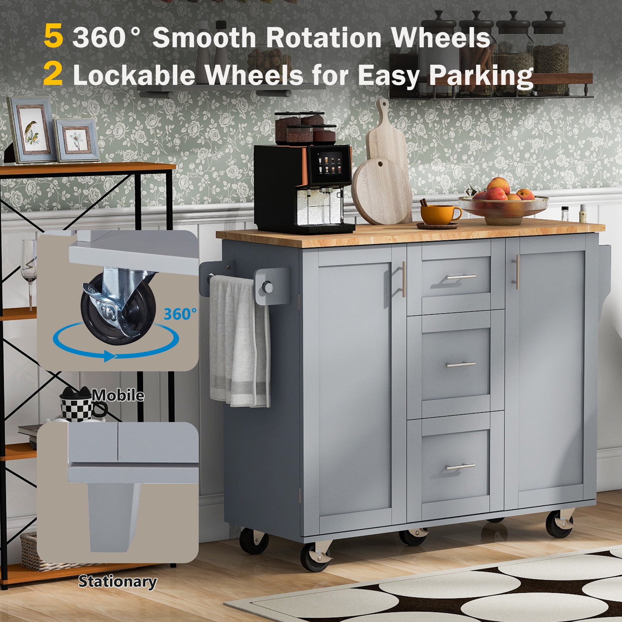 Yoneston Kitchen Island with 3 Drawers & 2 Slide-Out Shelves, Rolling Kitchen Storage Cart with Spice Rack and Towel Rack for Home, Kitchen, Dining Room, Gray