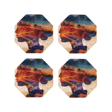 

Honeii Cultural Silhouette Journey Print Leather Coaster Set of 4 Ideal for Safeguarding Your Furniture from Drinks Spills and Effortless Cleanup-Octagon