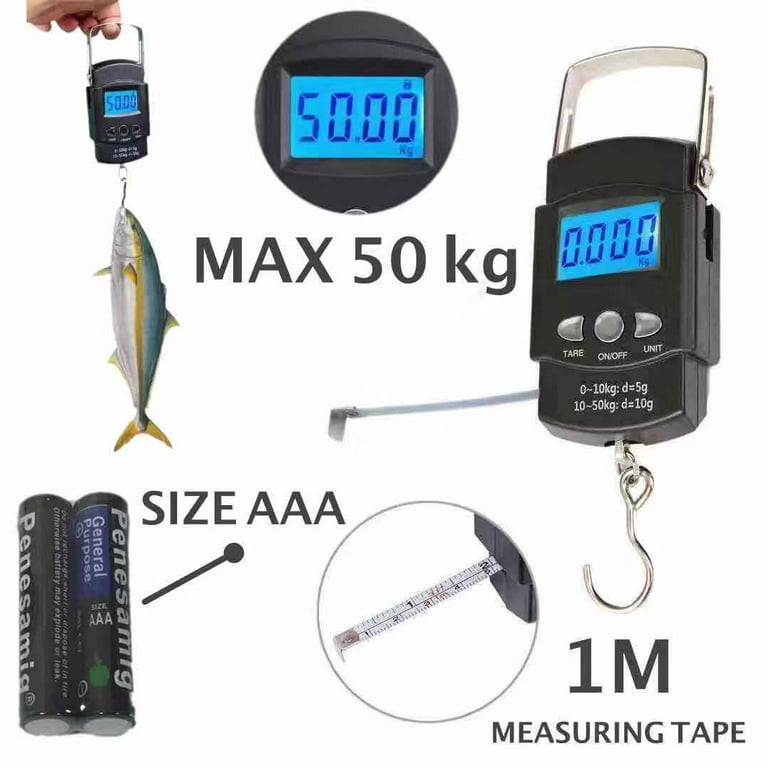 Fish Scale Hanging Scale Portable Scale LCD Digital Weight Electronic Scale 110lb/50kg with Measuring Tape for Tackle Bag,Luggage,Baggage