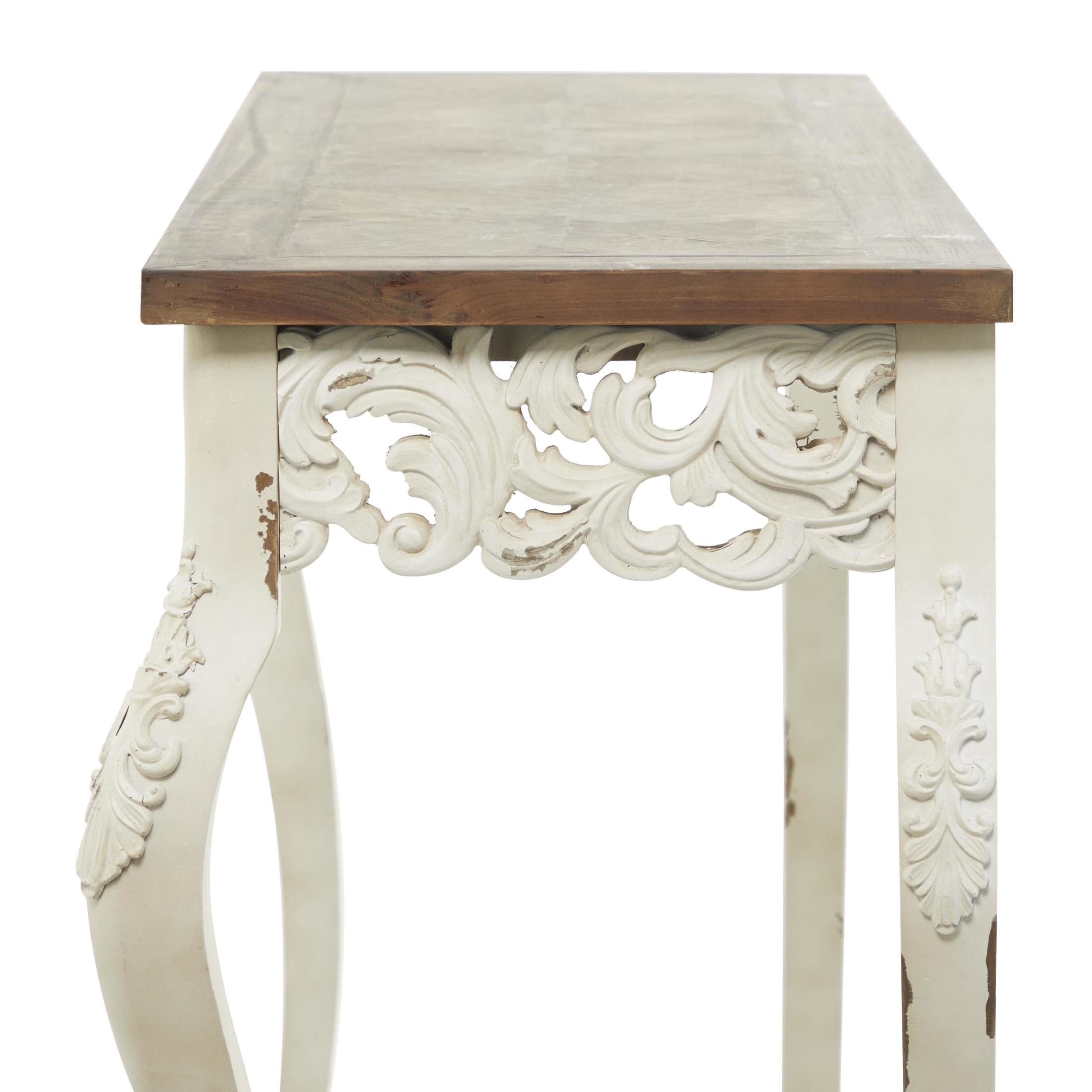 DecMode 46" x 30" White Wood Intricately Carved Scroll Console Table with Brown Wood Top, 1-Piece