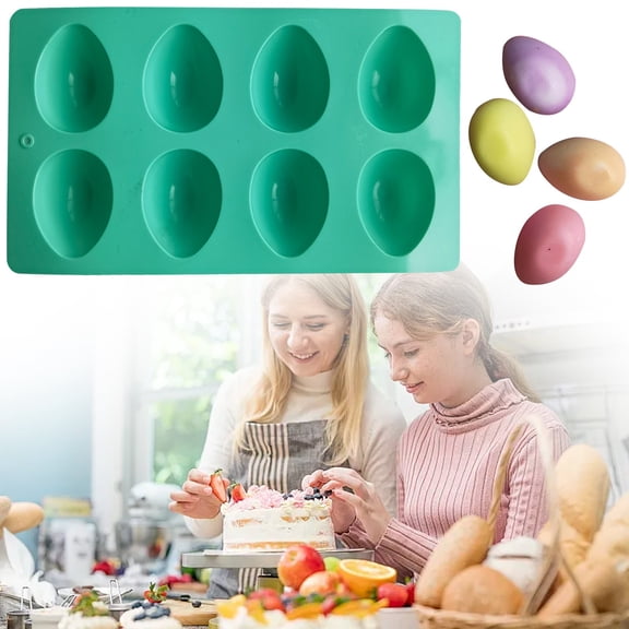 Denhf Easter Silicone Egg Molds, 8-Cavity Egg Shaped Silicone Mold, Non-Stick Egg Shaped Baking Mold for Chocolate, Candy, Soap, Jelly, Pudding, Pastry, Muffin and Ice Cube, 9.8" x 5.8", Green
