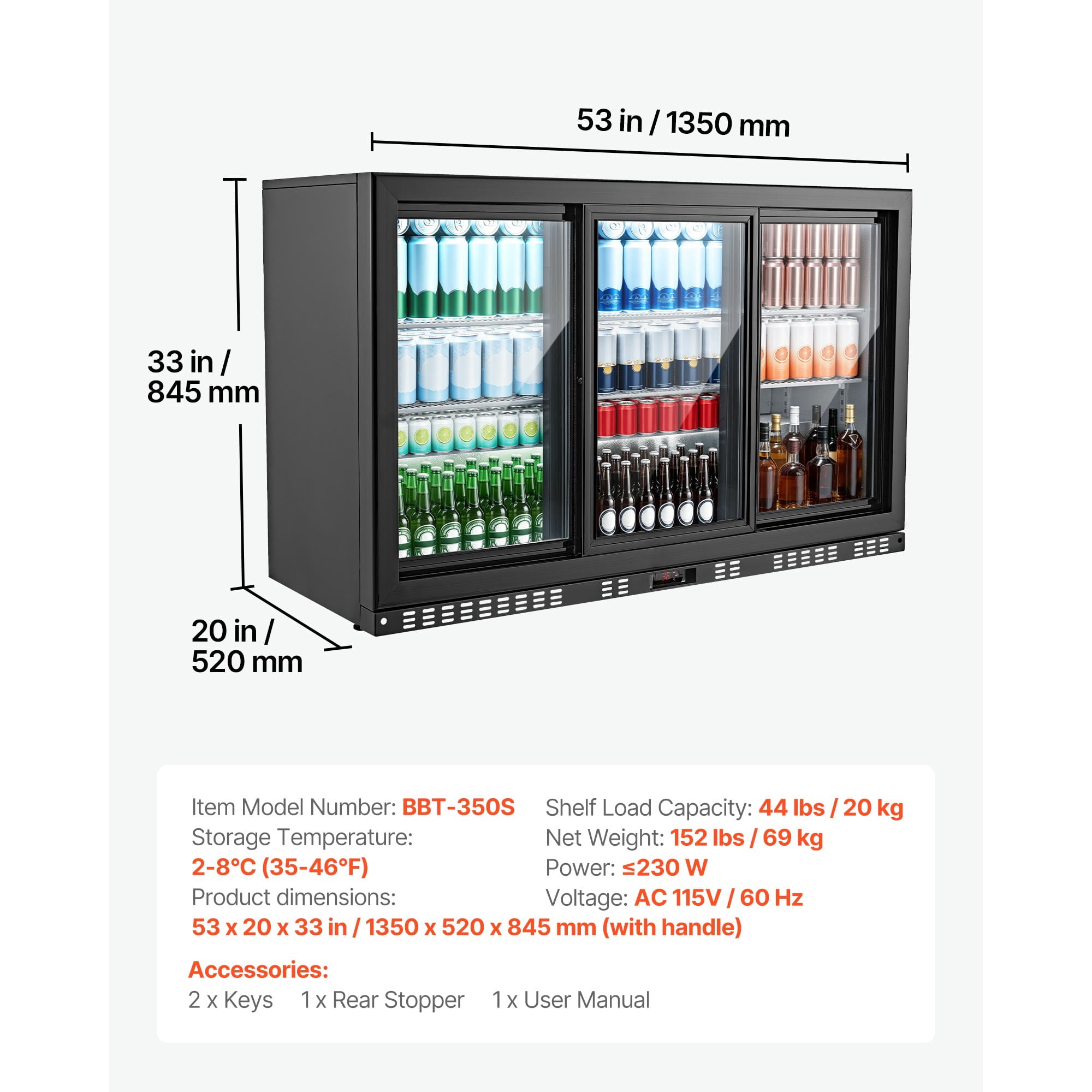 KFFKFF Commercial Back Bar Cooler, 11.4 Cu.Ft Beverage Refrigerator with 3 Sliding Glass Doors, Fan Cooling System, LED Lighting, Adjustable Shelves, and Low-E Glass for Drinks in Bars or Stores