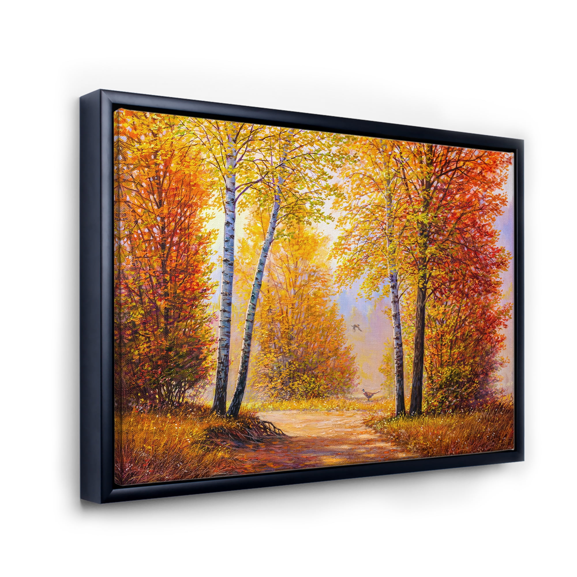 Sunrise Glow Through The Autumn Trees 32 in x 24 in Framed Painting Canvas Art Print, by Designart