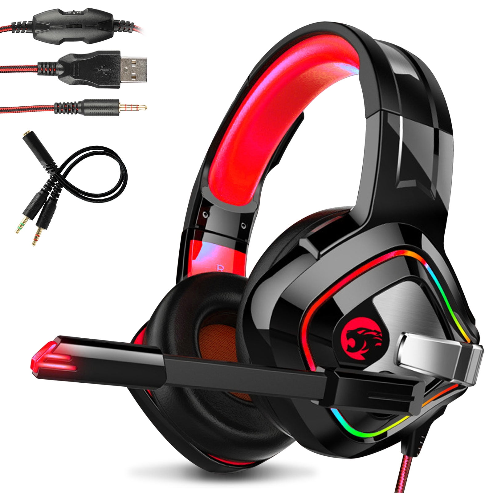 EEEKit Gaming Headset for PS4, Xbox One, PC Headset w/ Surround Sound, Noise Canceling Over Ear Headphones with Mic & LED Light, Compatible with Nintendo Switch, PS3, Mac, Laptop